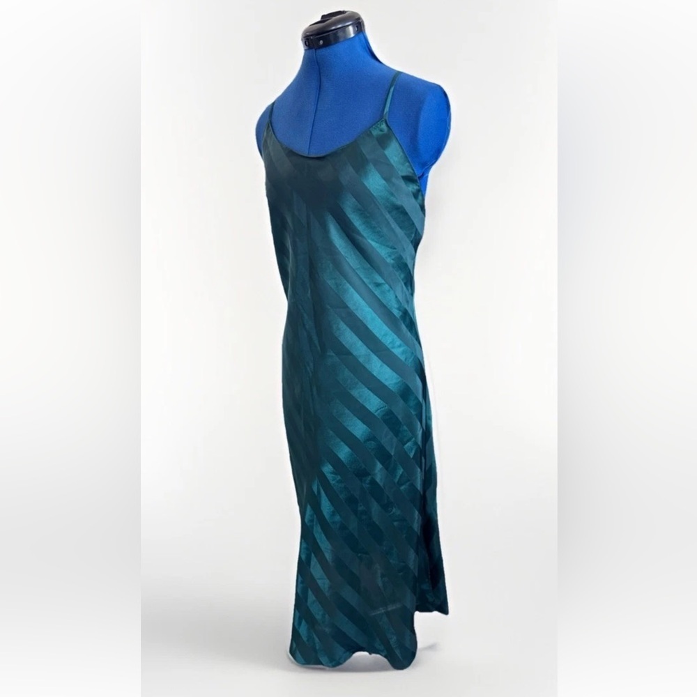 Vintage 90s Lingerie Cacique Emerald Shiny Striped Nightgown Slip Dress Small - Picture 4 of 7